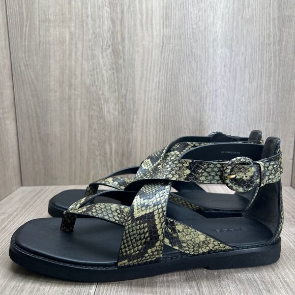 Vince Morris Strappy Flat Sandals 10M Snake Skin Ankle Strap Leather Green Black - Picture 2 of 14